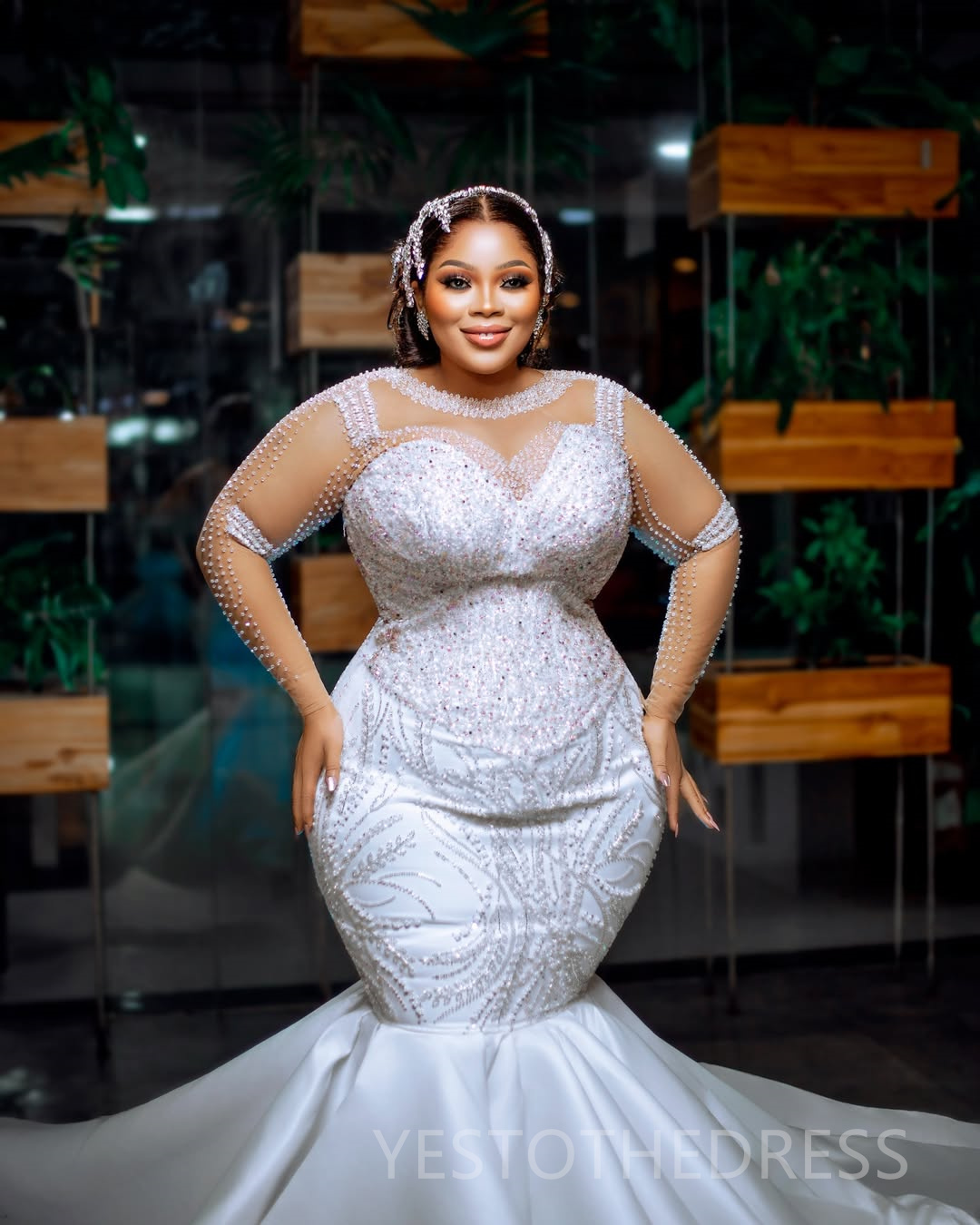 2025 Plus Size Off White Wedding Dress Bridal Gowns For Bride Mermaid Wedding Gowns Sheer Neckk Illusion Long Sleeves Pearls Beaded Lace Bridal Dress 