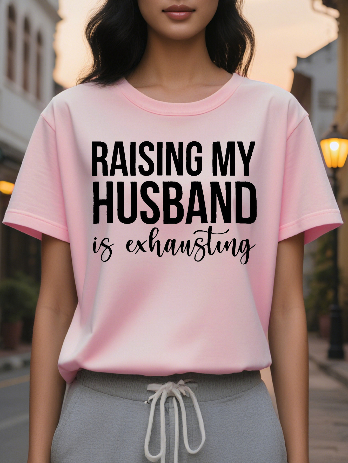 Large XL Women's Raising My Husband Is Exhausting Graphic T-Shirt Soft Stretchy Summer Tee with Bold Text Print Round Neck Plus Size