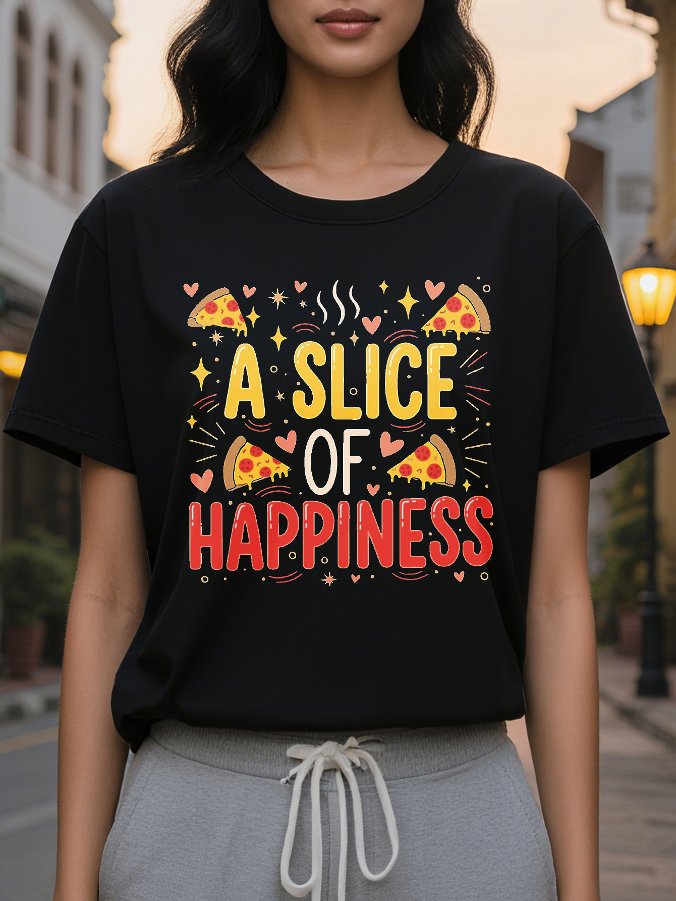 Women's Fun Pizza Lover T-shirt One pattern with pepperoni cheese casual round neck short sleeve summer top party