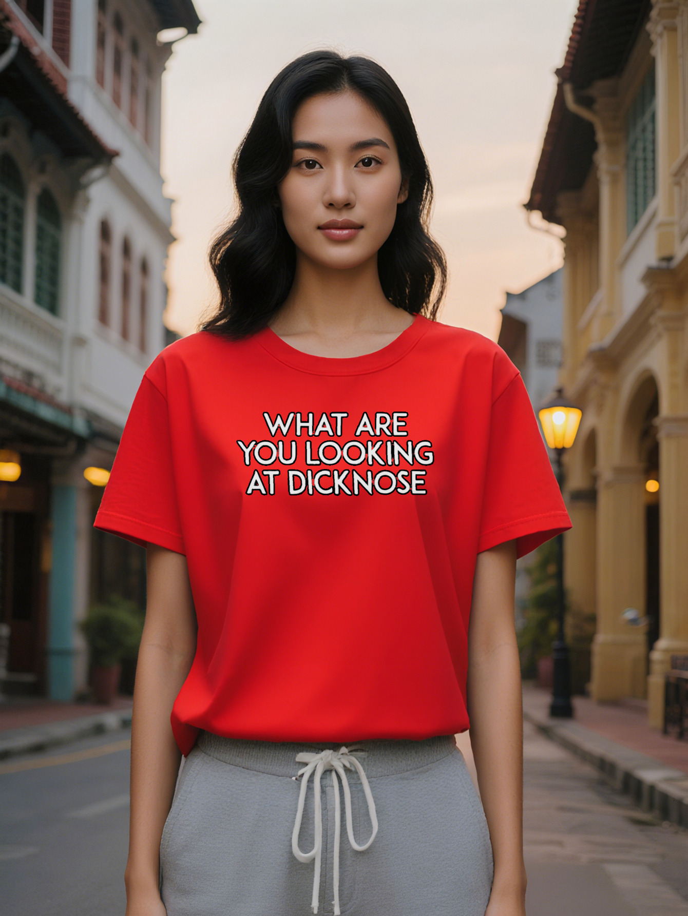 Lady Black Casual Crew Neck T-Shirt with Bold White Letter Print "WHAT ARE YOU LOOKING AT?" Dickense Design Summer
