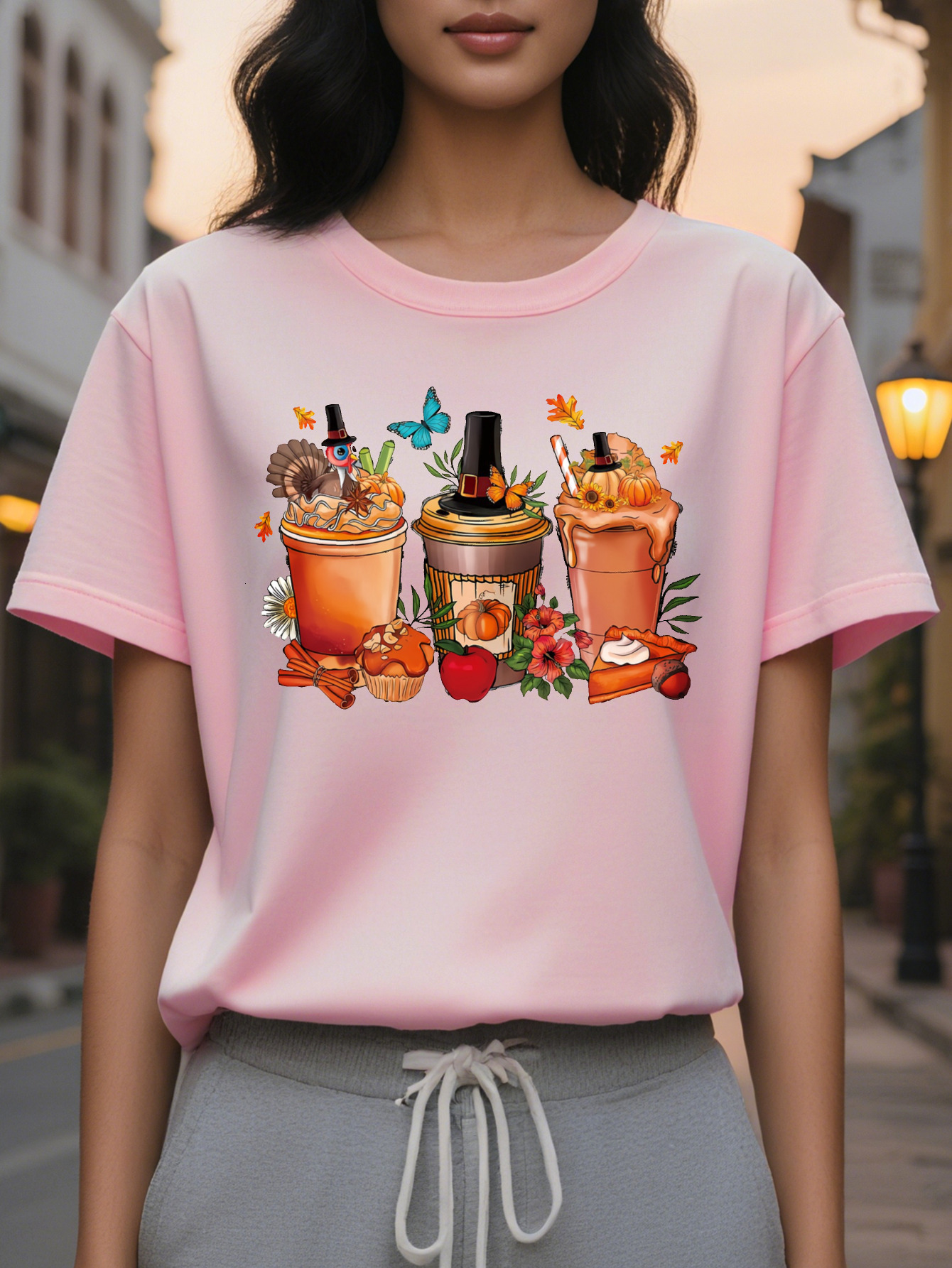 Large XL Women's White Thanksgiving Coffee Print T-Shirt Autumn Harvest Graphic with Pumpkins Leaves Turkey Design Plus Size