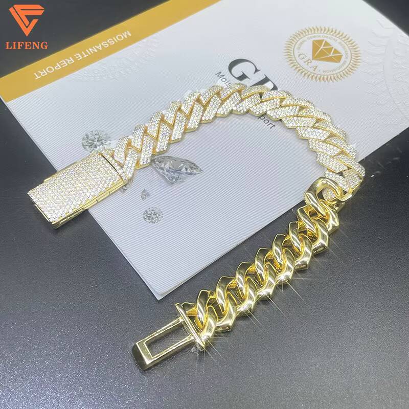 18K Gold Plated 10mm 925 Sterling Silver Two Rows Moissanite Iced Flap Buckle Cuban Link Chain Bracelet for Men Hip Hop Jewelry