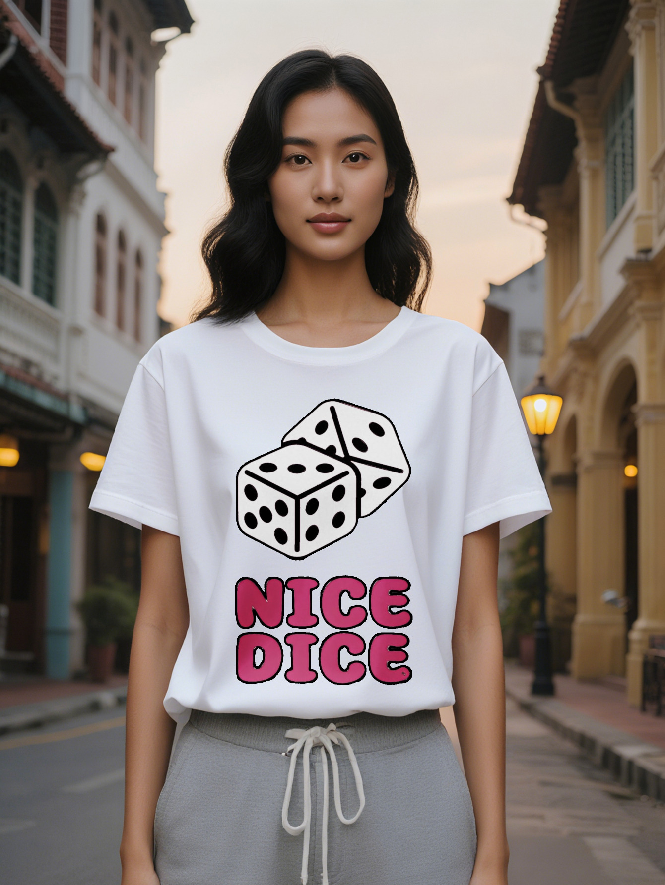 Large XL Women's Casual Graphic T-Shirt Bold NICE DICE Print Dice Design Black with White Pink Lettering Round Neck Summer Tee Plus Size