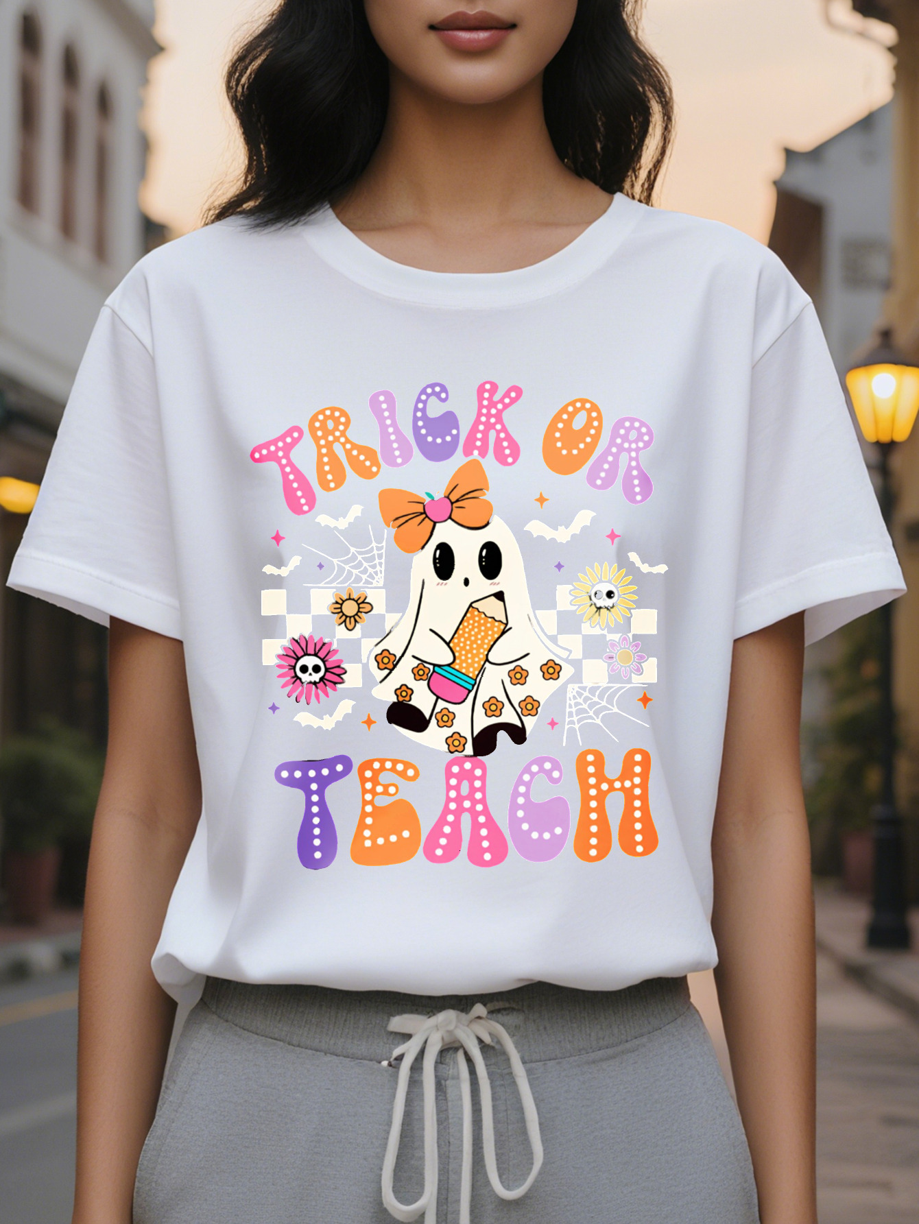 Women's Halloween Banter or Teach Print T-Shirt Cotton Casual Round Neck Short Sleeve Top for Spring Summer