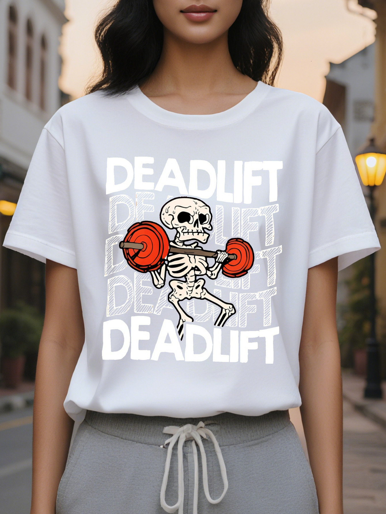 Women s Funny Humor T Shirt Olive Green Deadlift Skeleton Tee Lightweight Round Neck Top for Casual Outfits