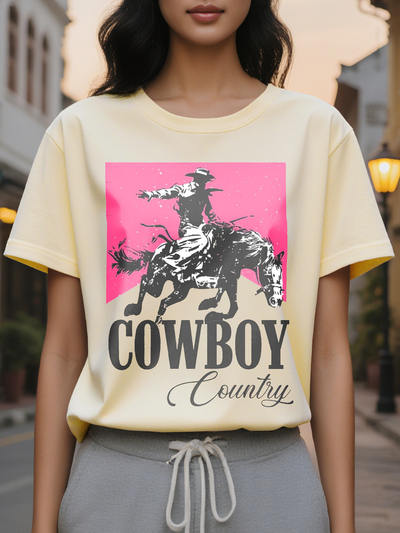 Large XL Vibrant Cowboy Letter Print Crew Neck T-Shirt Soft Breathable Short Sleeve Top Spring Summer Women's Casual Plus Size