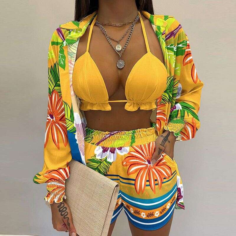 Clothing Women's Sexy Three Piece Suit Spring Beach Fashion Shorts Set