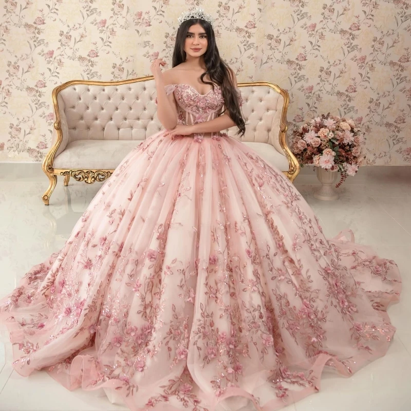 Pink Quinceanera Dresses Ball Gown Off The Shoulder Applique Lace Flower Beads Tull Sweet 16 Dress Vestidos 15 De Anos