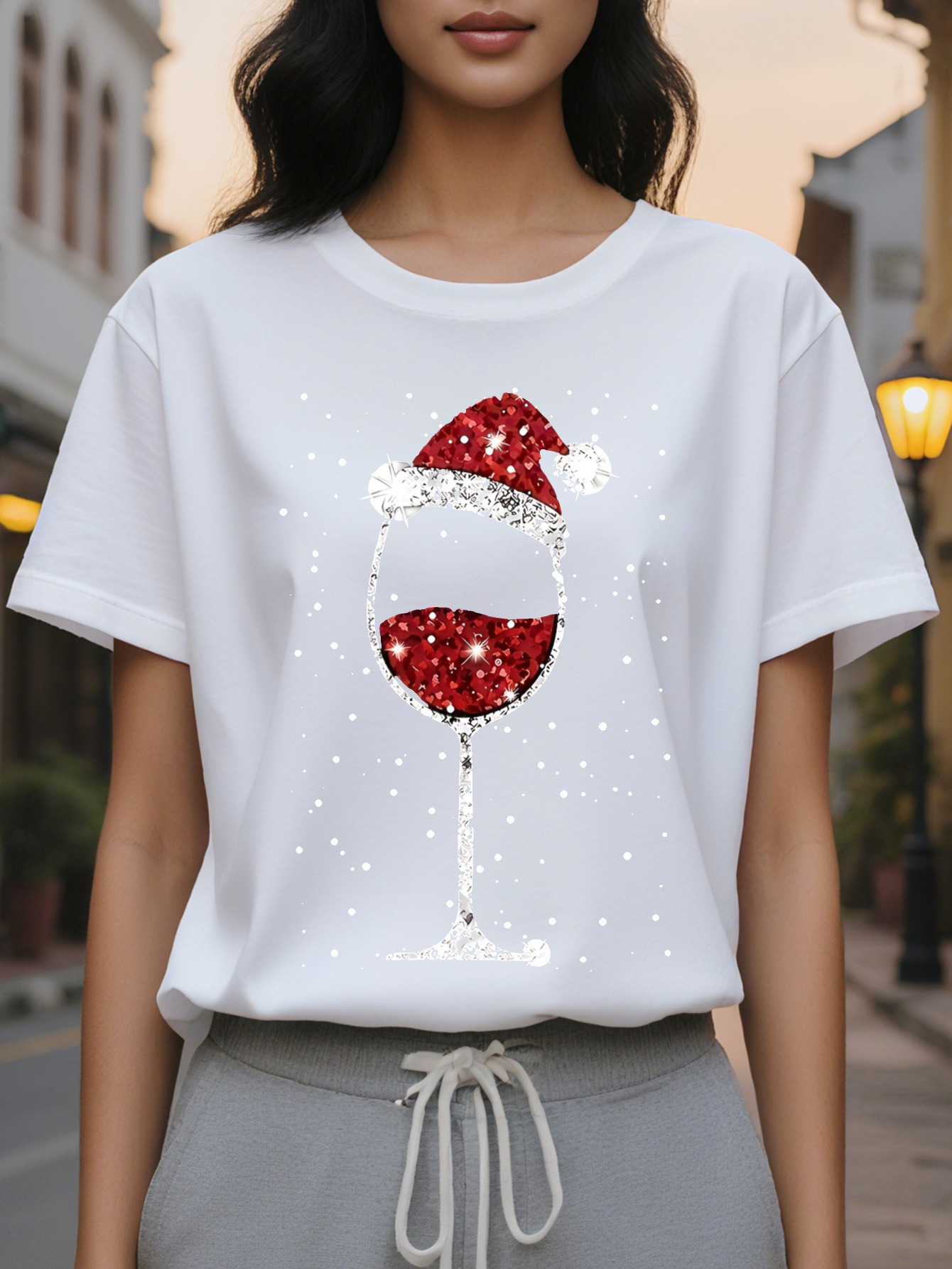 Large XL Christmas Wine Glass Santa Hat Pattern Print Round Neck T-Shirt Spring and Autumn Casual Tops Women's Clothing Plus Size