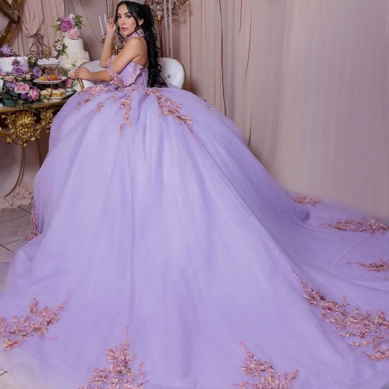 Lavender Sweetheart Corset Ball Gown Lilac Quinceanera Dresses Beaded 3D Flowers Formal Prom Graduation Gowns Lace Up Princess Sweet 15 16