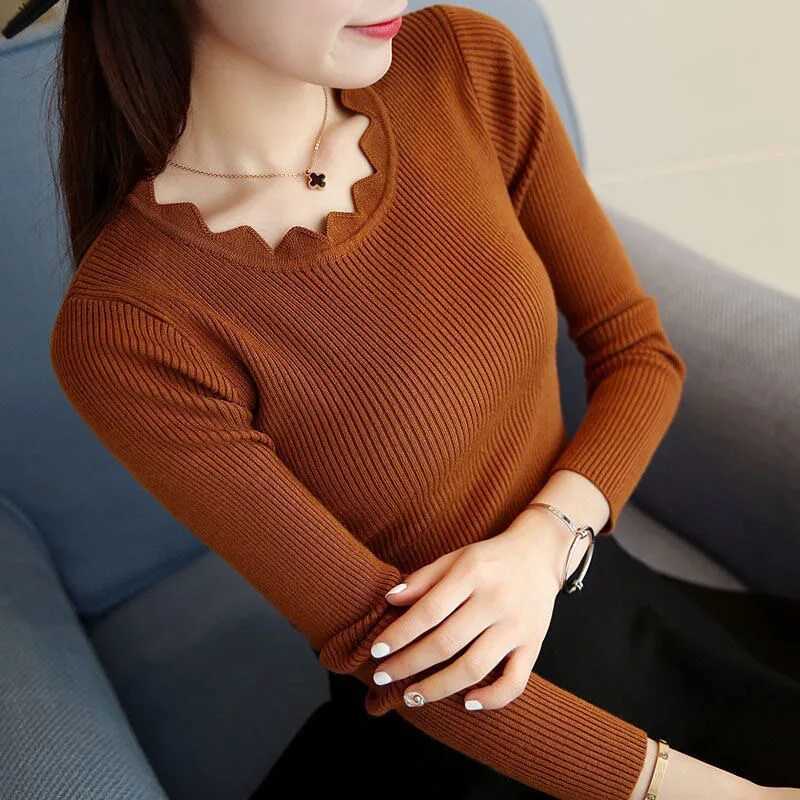 Fashion Long Sleeve Elegant Oneck Women Sweater Autumn Solid Slim Knitted Tops Winter Casual Pullover Jumper M250904