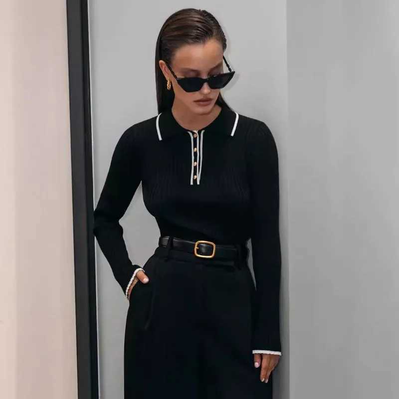 Talenza Autumn Knitted Pullover Womens Long Sleeve Patchwork Sweater Top Tight Bottoming Colorblock Lapel Knitted Pullover Top M250904