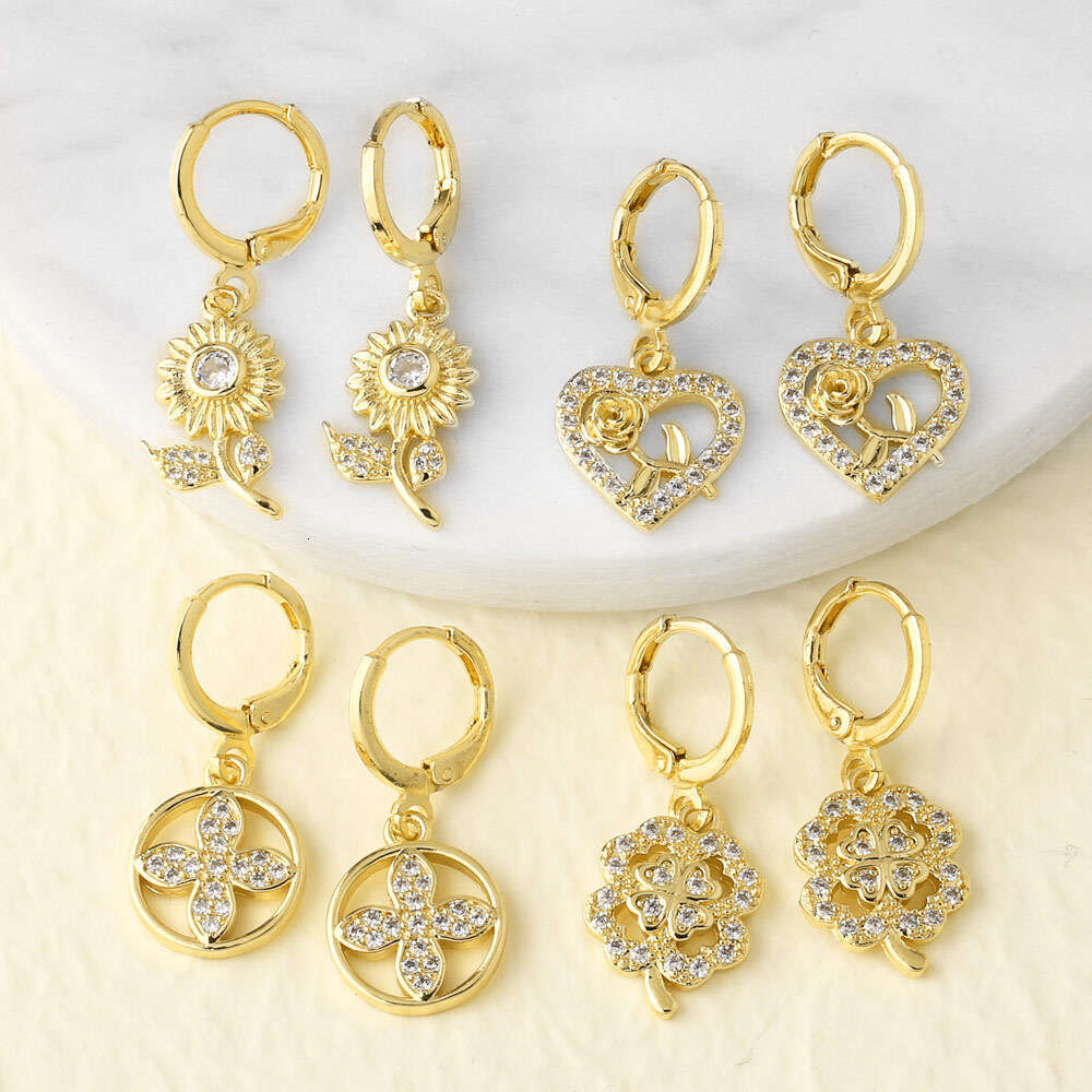 AS Jewelry New Gold Inlaid Zircon Heart Four-Leaf Clover Pendant Earrings Ear Clips era050