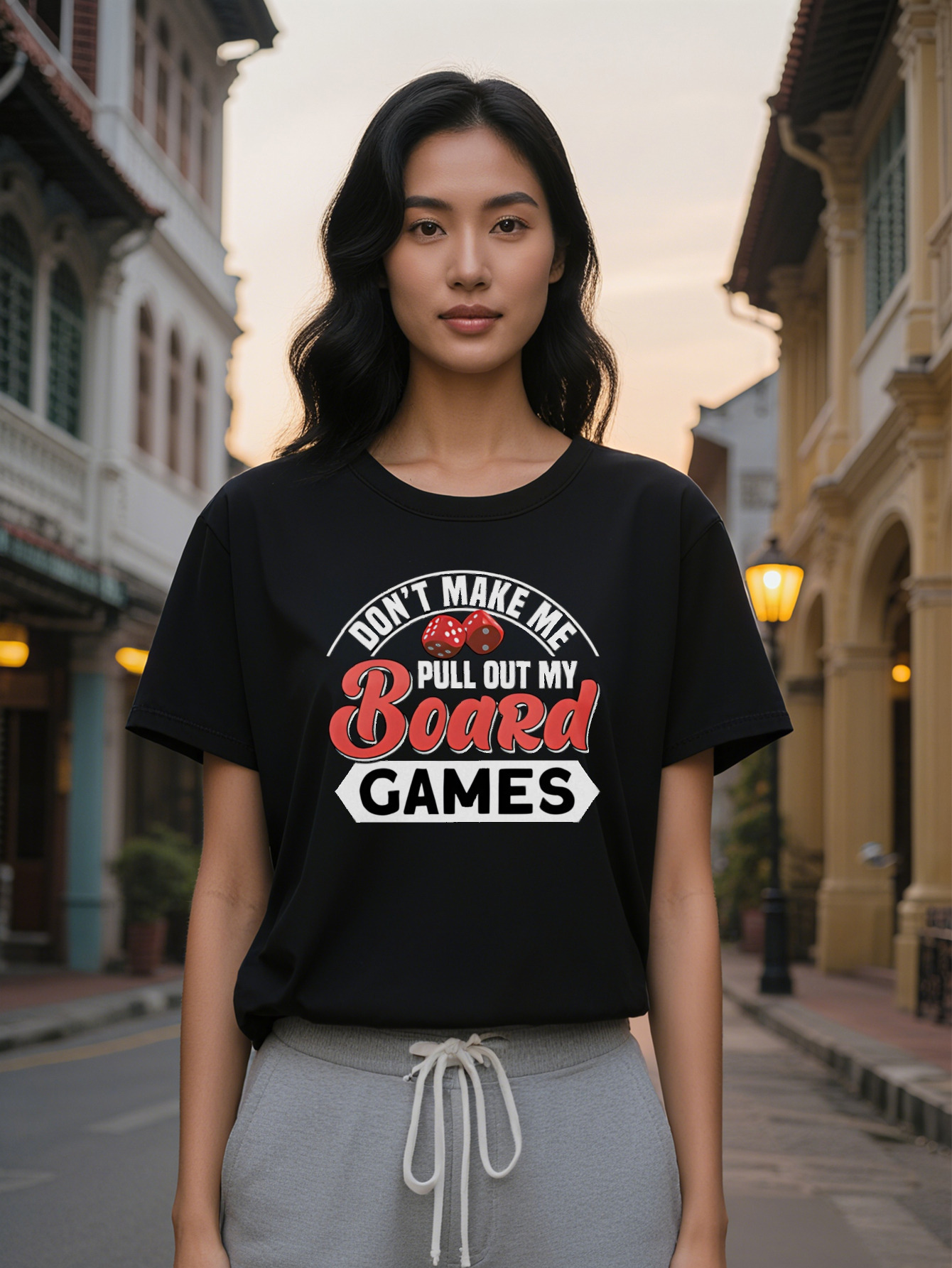 Large XL Lady Casual Graphic T-Shirt Don't Make Me Pull Out My Board Games Print with Dice Design Black Round Neck Summer Tee Plus Size