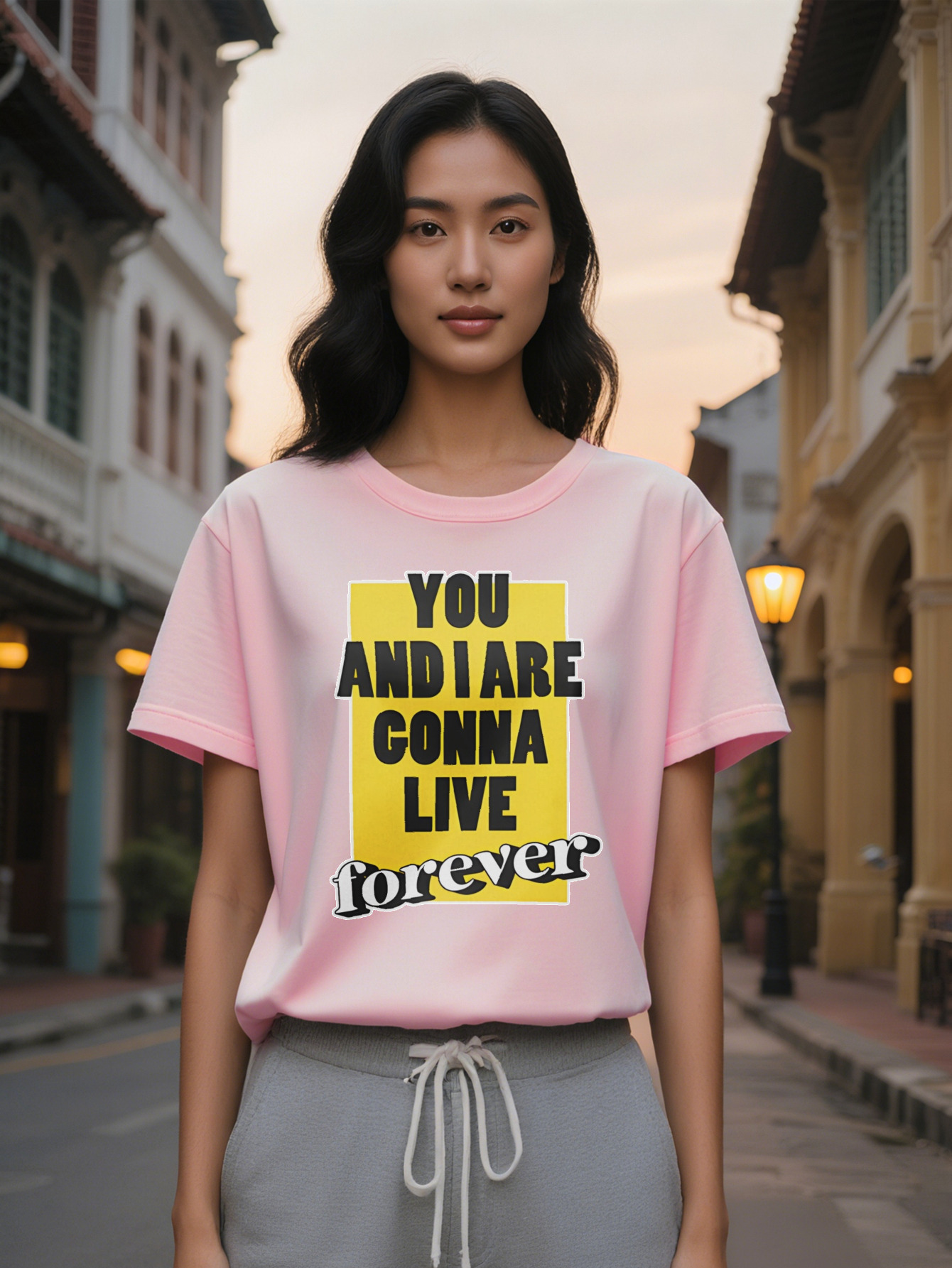 Large XL Lady Casual Crew Neck T-Shirt with You and I Are Gonna Live Forever Graphic Yellow Black Print Perfect for Summer Plus Size