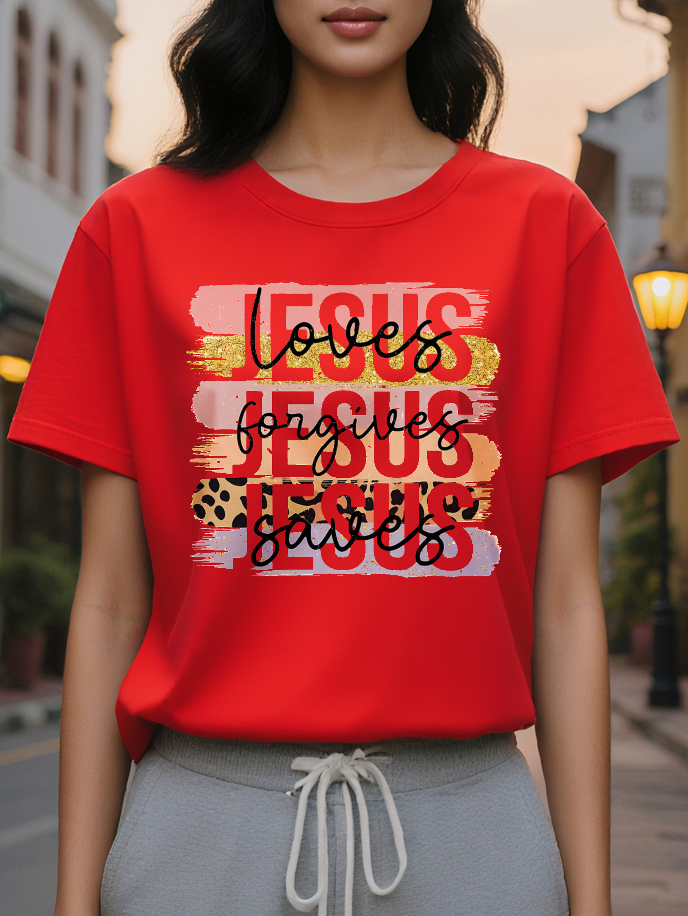 Fall in Love with Jesus Short Sleeve T-Shirt Round Neck Casual Top for Summer and Spring Women's Clothing Beautiful