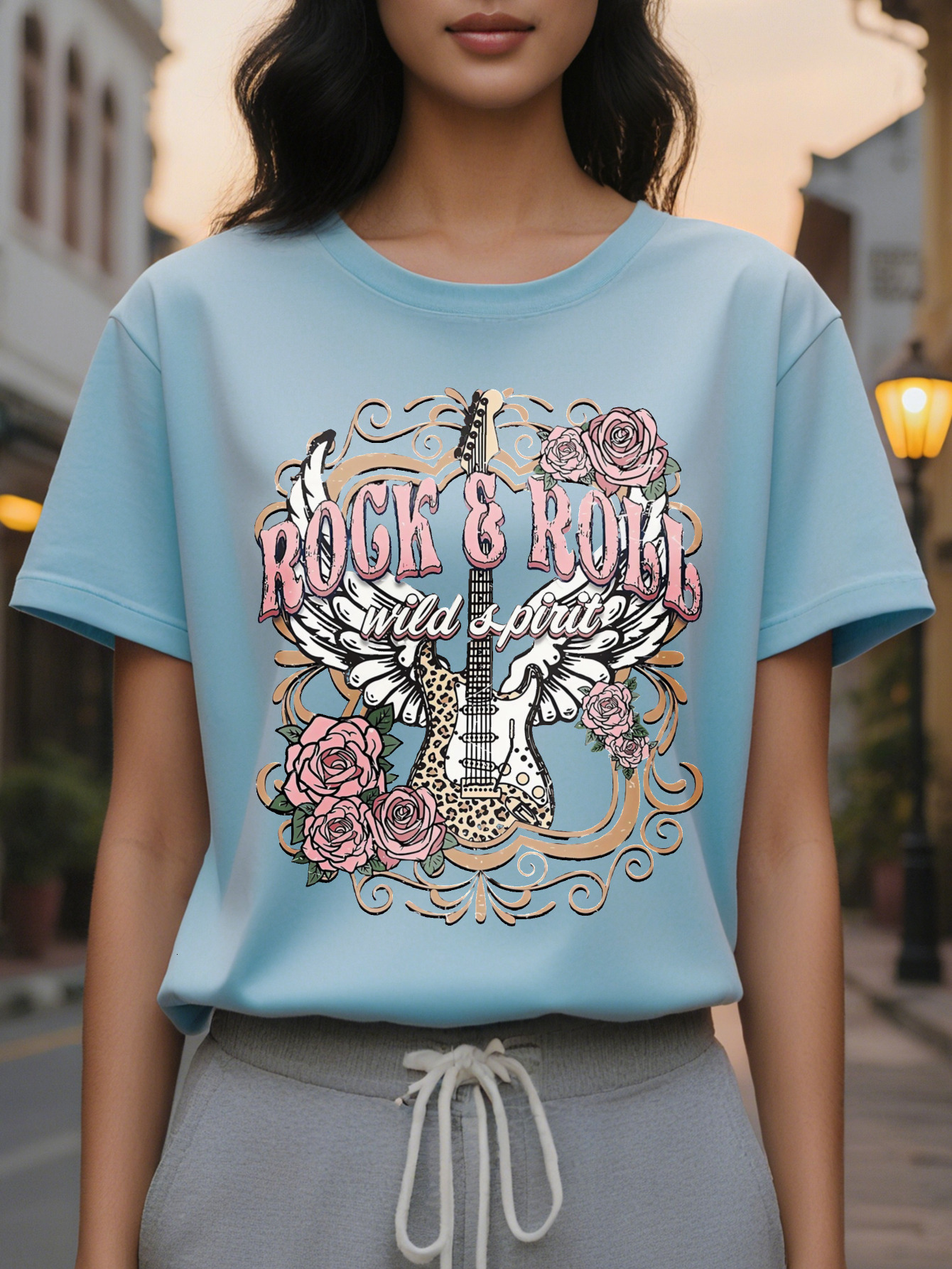 Large XL Rock Roll Print T-Shirt Casual Crew Neck Short Sleeve Top for Spring Summer Women's Clothing Plus Size