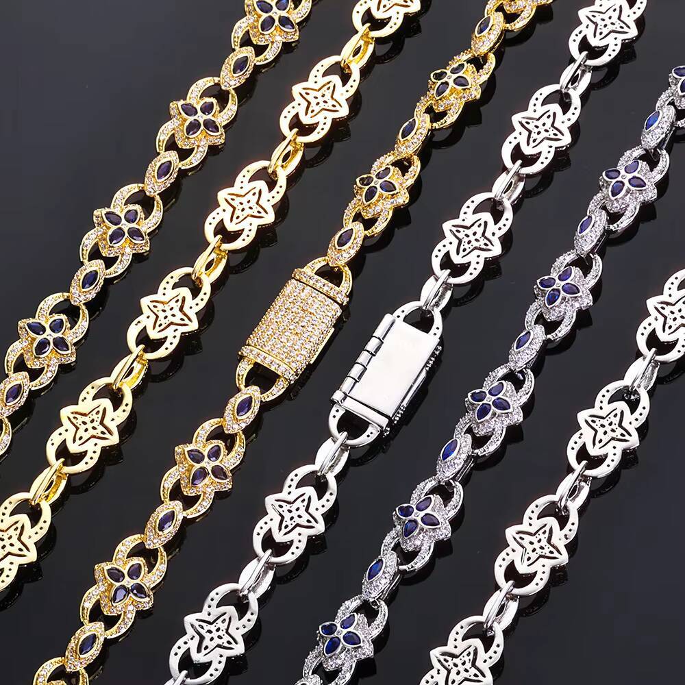 NUOYA Luxury Flip Button Necklace 11mm Chain Four Leaf Clover Eye Infinite Symbol Design Iced Out Moissanite Hip Hop Jewelry