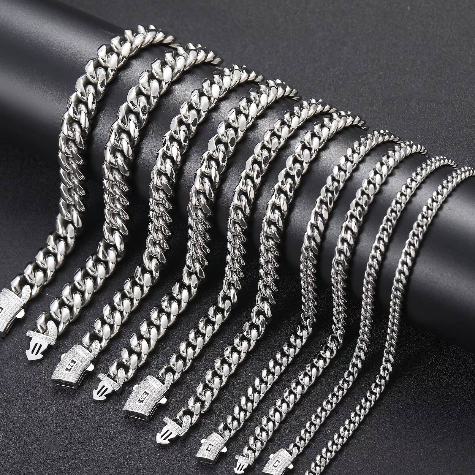 BES 614mm Miami Cuban Chain Necklace Bracelet Set 14K 18K Gold Stainless Steel Monaco Cuban Link Chain Necklace Hip Hop for Men