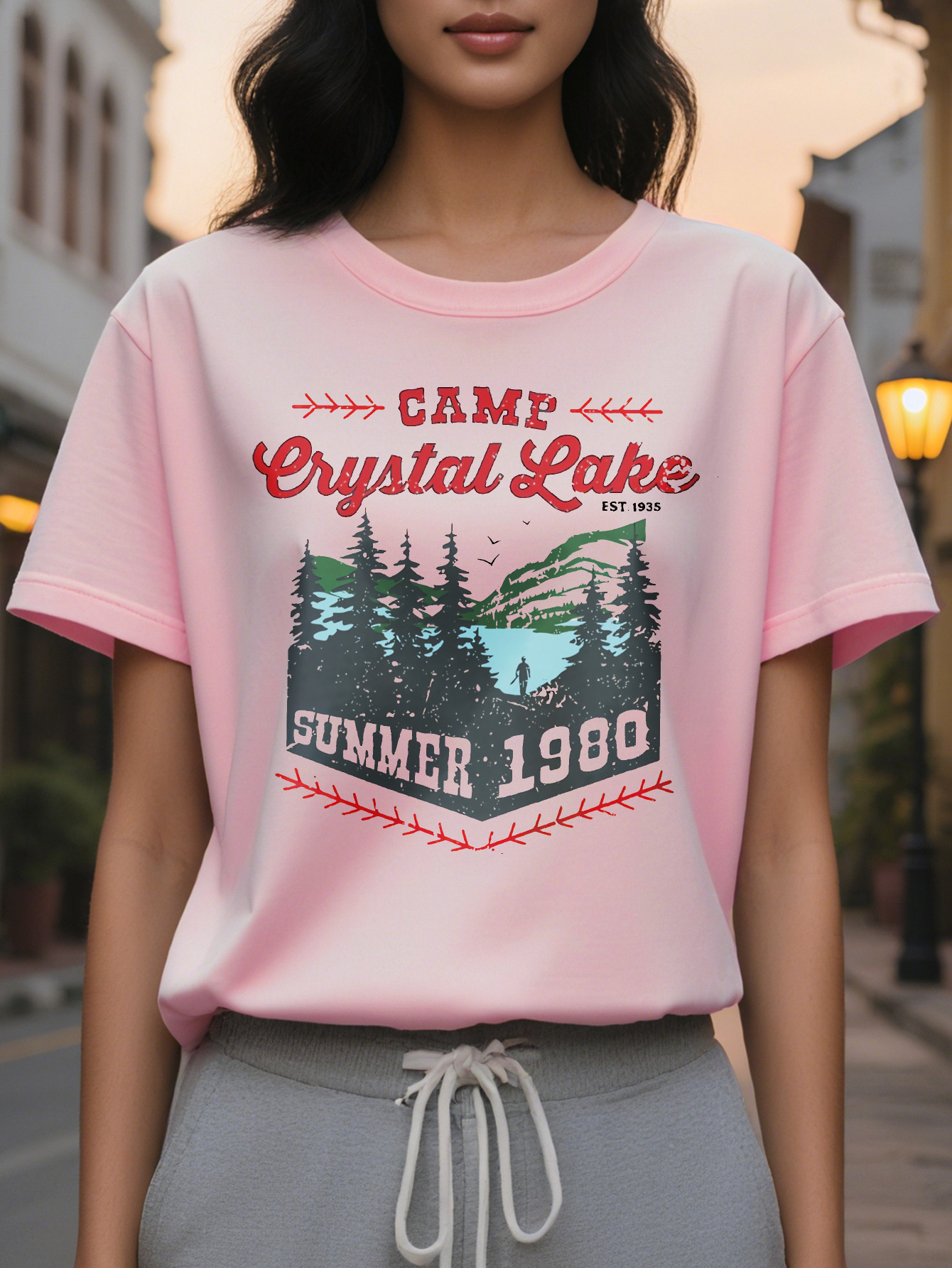 Large XL Vibrant Crystal Lake Camp Printed Round Neck T-Shirt Dress Women's Summer Combination Version Relaxed Fit Breathable Plus Size