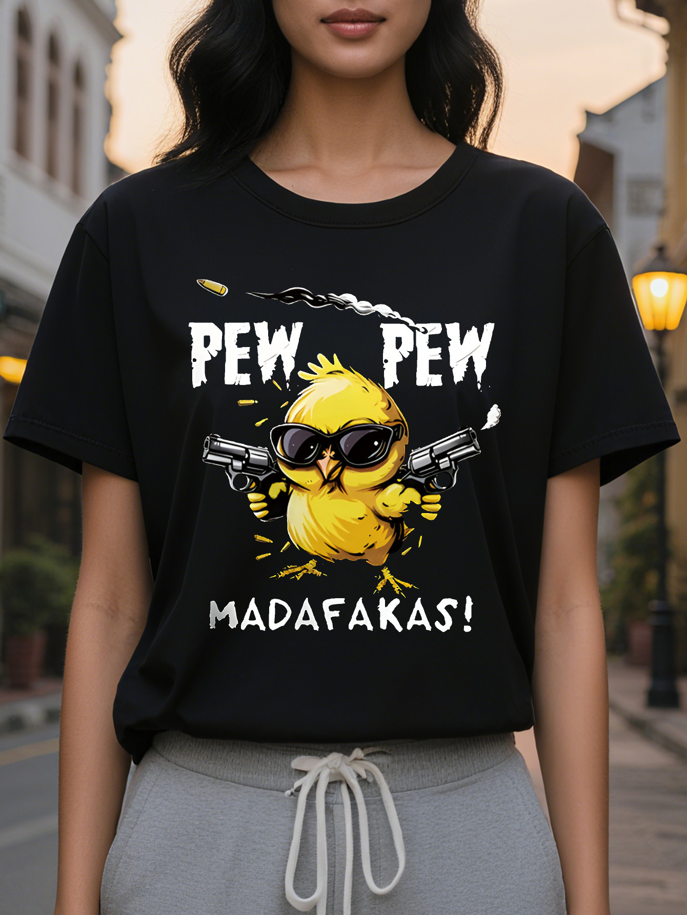 Ladies Casual Short Sleeve T Shirt Black Cartoon Chick Wear Fashion Glasses with Gun Pattern PEW MADAFAKAS