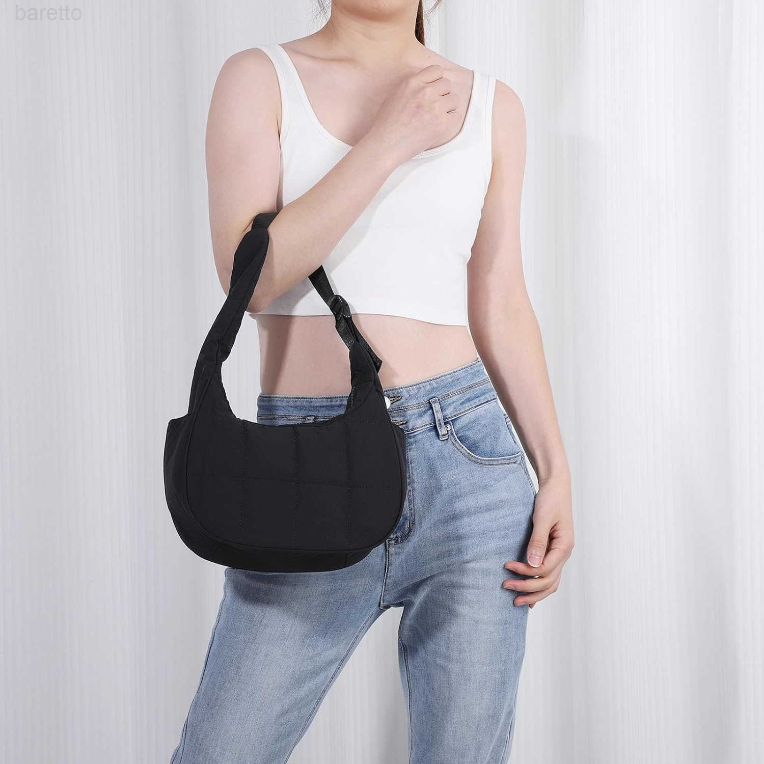 Puffer Crescent Shoulder Bag for Women Small Nylon Quilted Handbags Puffy Purses with Adjustable Strap M250903