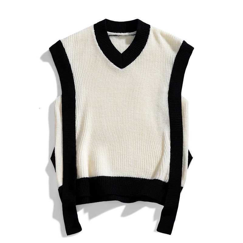 Korean Fashion Sweater Vest Men Thick Vneck Sleeveless Knitted Sweaters Vests Patchwork Retro Loose Casual Allmatch PulloversXJ250904
