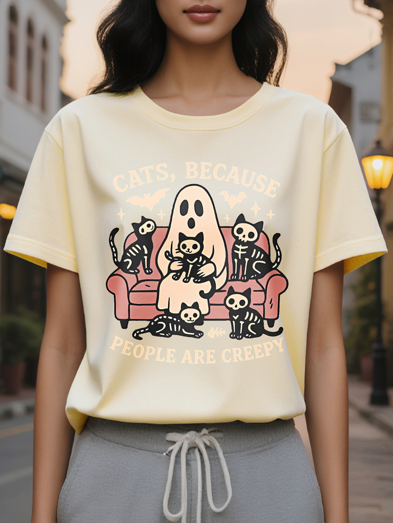 Women's Gothic Printed Sleeve T-shirt Funny Slogan Keep Cats Because Humans Are Too Scary Gray with Pink Black