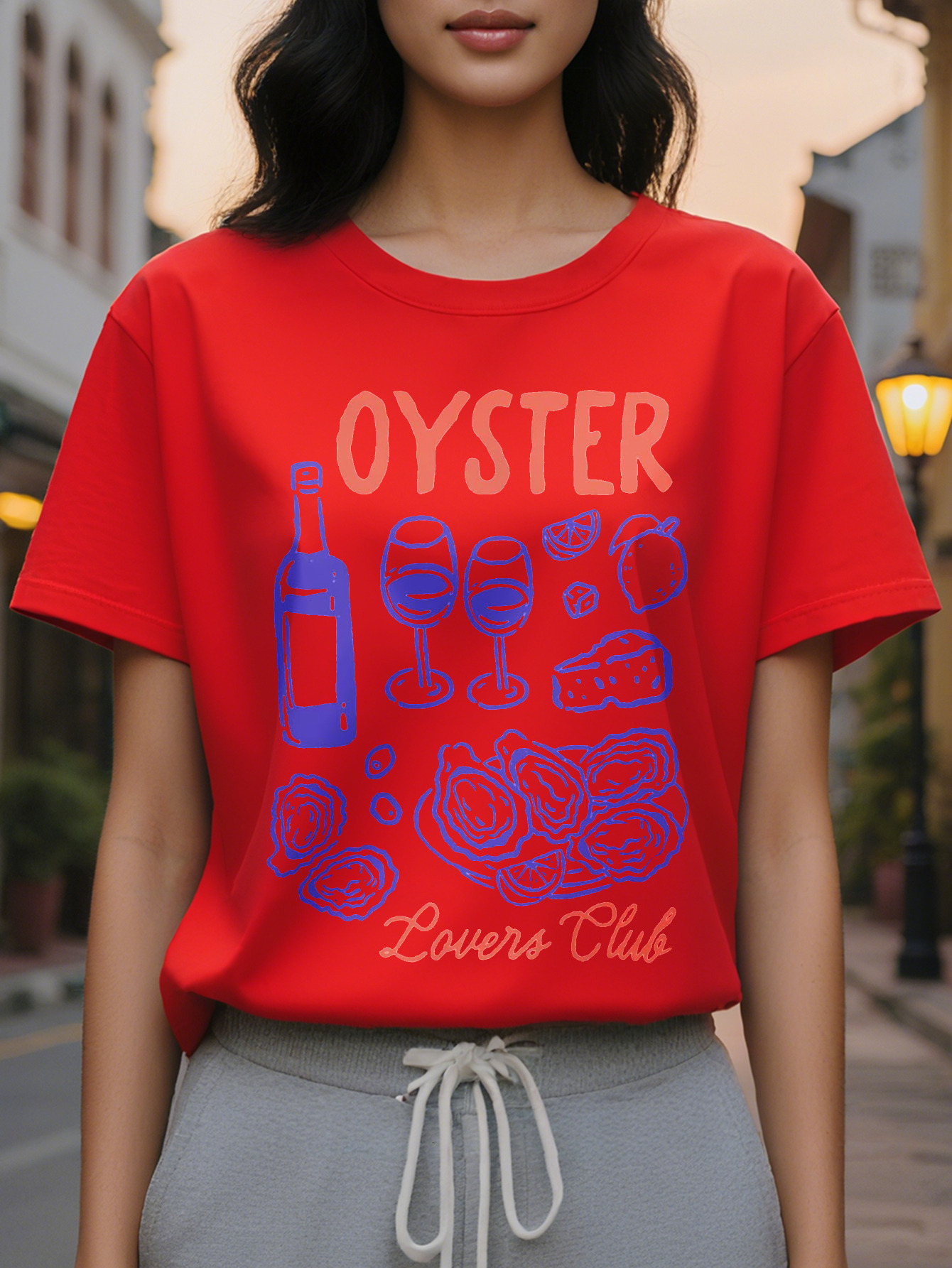 Women s Elegant Lovers Club T Shirt Sleeve Round Neck Casual Fashion Design with Wine Glass Oyster Pattern