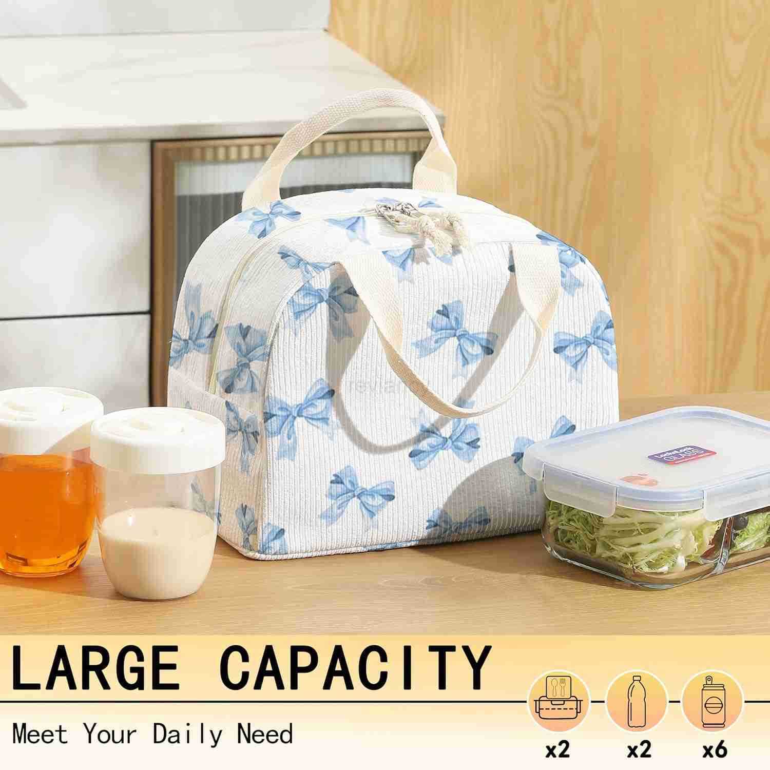 Lunch Box for Women and MenInsulated Corduroy Fabric Lunch Bags for WorkLeakproof Adults Cooler Tote Bag for OfficesPicnicTravelOutdoor Blue Bow TieW2