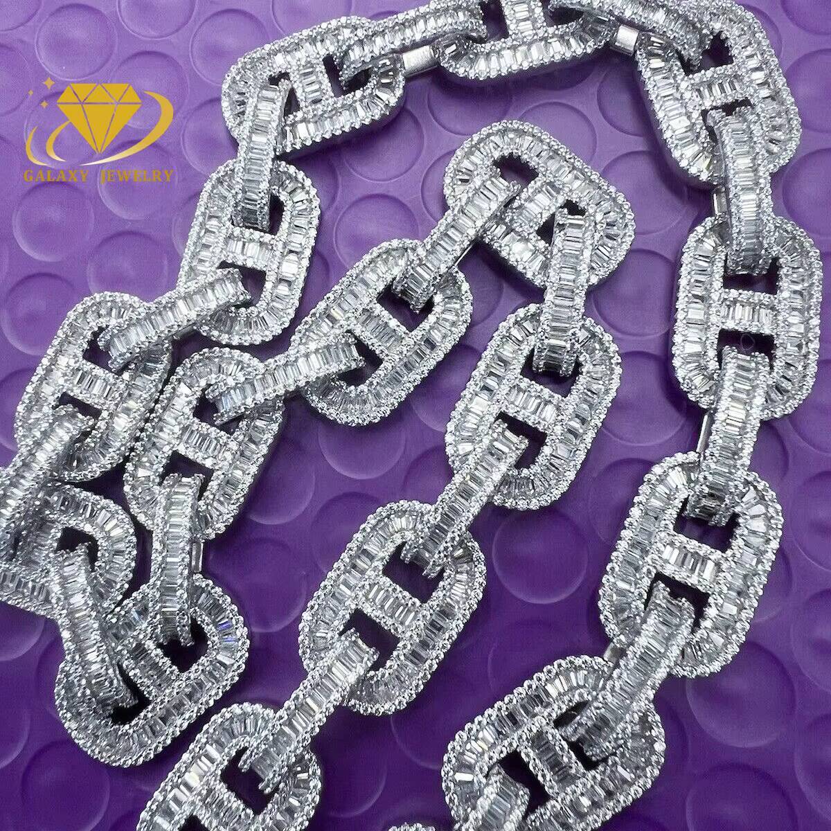 Hip Hop 15mm Large Cuban Necklace 925 Sterling Silver Pig Nose Baguette Moissanite VVS Diamonds Thick Heavy Cuban Necklace