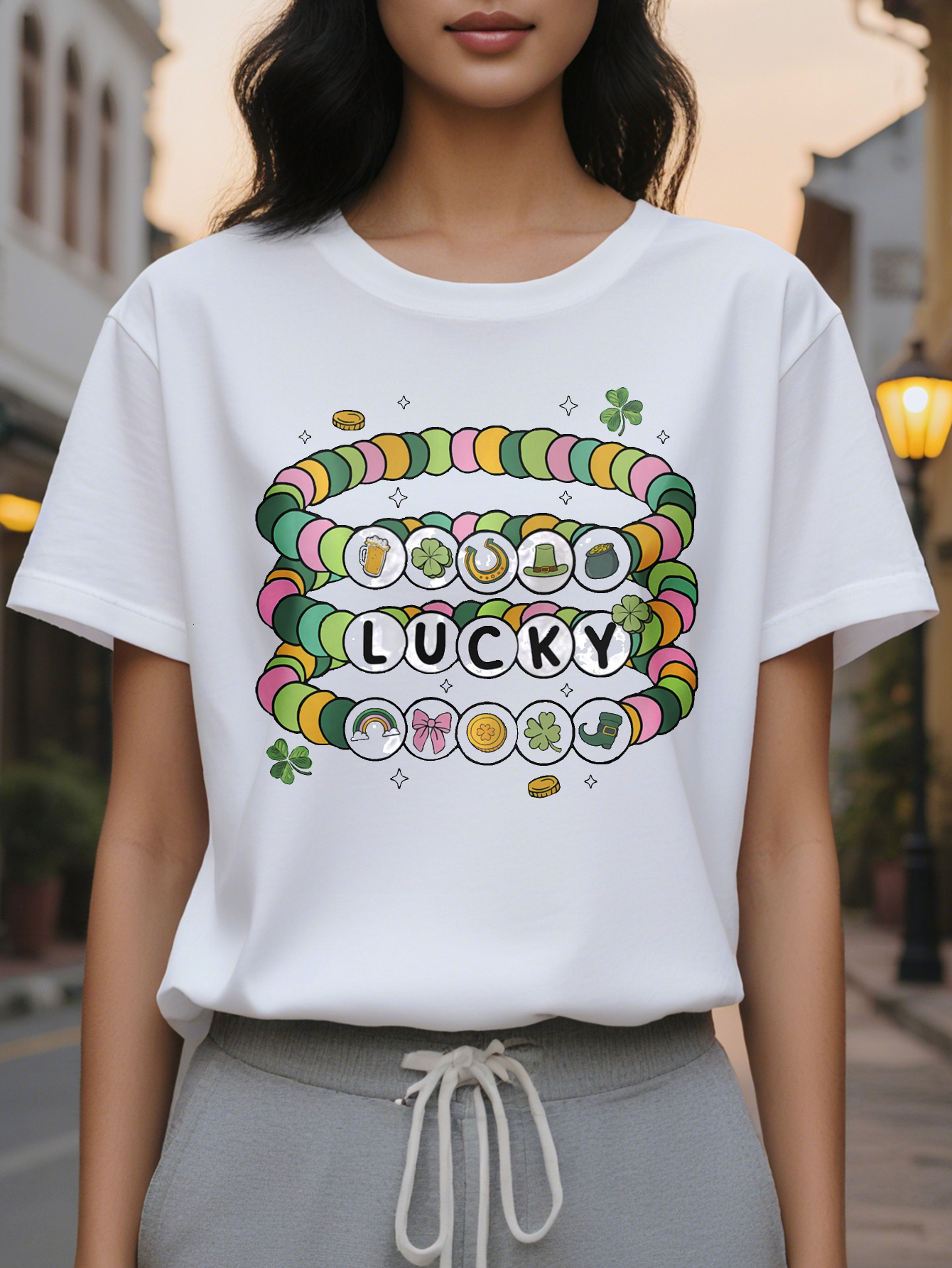 100% Linen Cotton St Patrick s Day Lucky Pattern T Shirt Casual Round Neck Short Sleeve Top with Colorful Beaded Bracelet Design