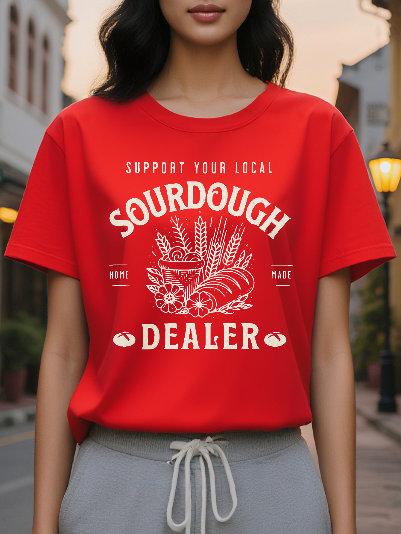 All Season Cotton Regular Length Women's Fashion Casual Round Neck Printed T-Shirt Support Your Local Sourdough Dealer