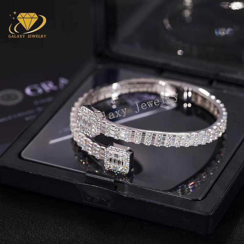 New Custom Hip Hop Jewelry Pass Diamond Tester 925 Silver Vvs Moissanite Iced Out Baguette Tennis Bangle Bracelet