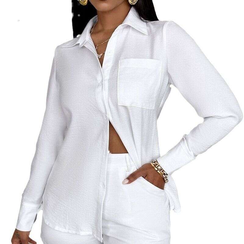 Women's Clothing Elegant Solid Color Pocket Long Sleeved Shirt + Shorts Suit Two Piece Set