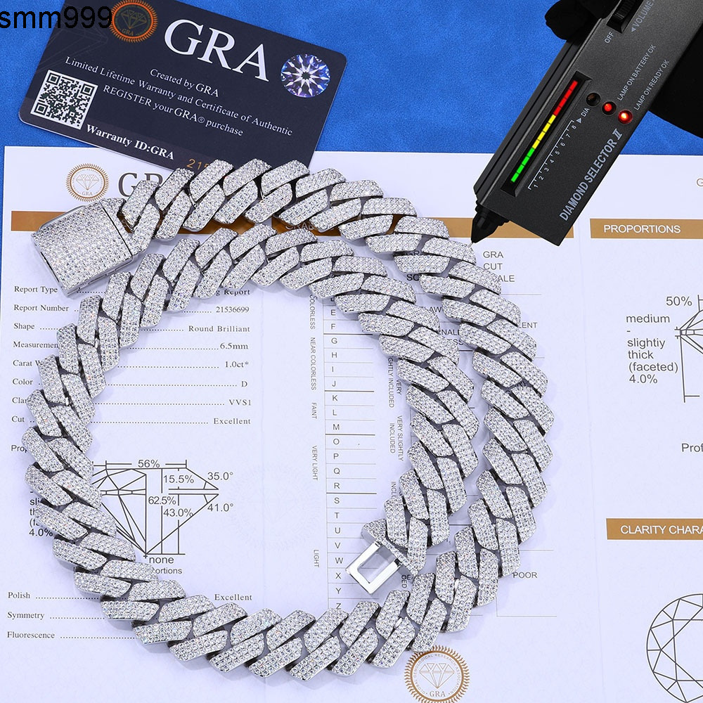 S925 Sterling Silver High Quality 15MM Diamond Cuban Link Chain Three Row VVS Moissanite Hip Hop Necklace