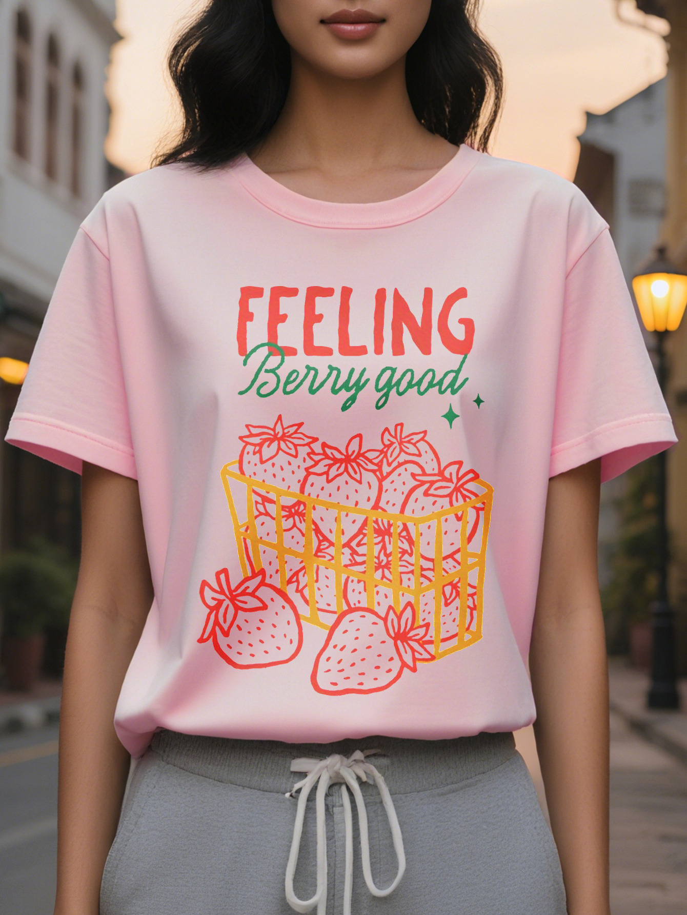 Women's Feel Great White with Red Strawberry Design Short Sleeve Round Neck T-Shirt Casual Summer Wear