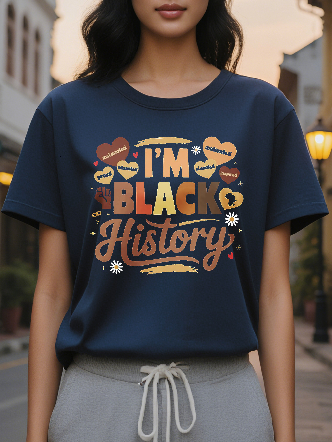 Women's Historic T-Shirt Short Sleeve Crew Neck Casual Top with I'm Black History Design Vibrant Illustrations