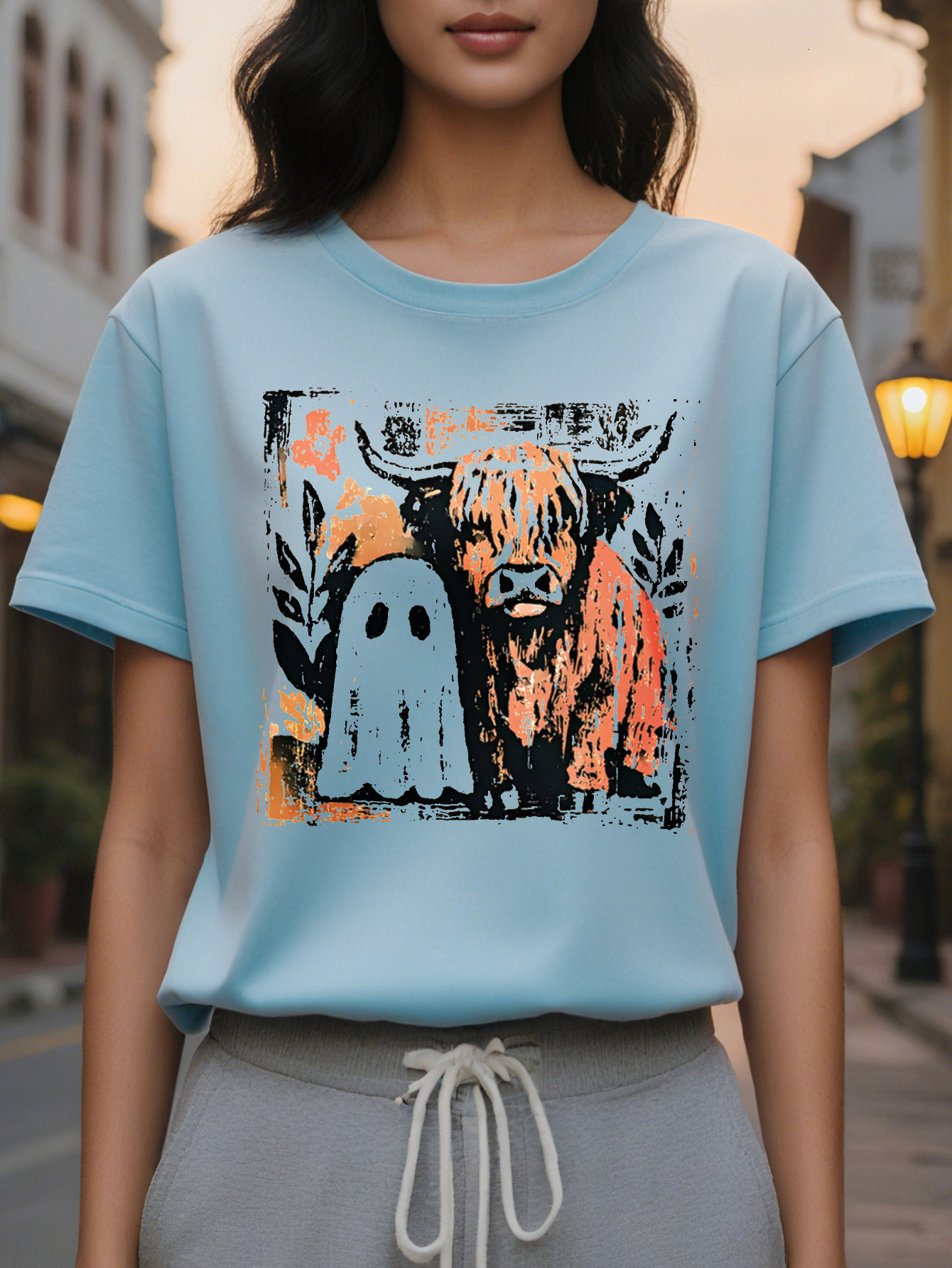 Women s Halloween Round Neck Pullover with Scottish Print Beige Orange Plaid Pattern Cozy Fall Christmas and Casual