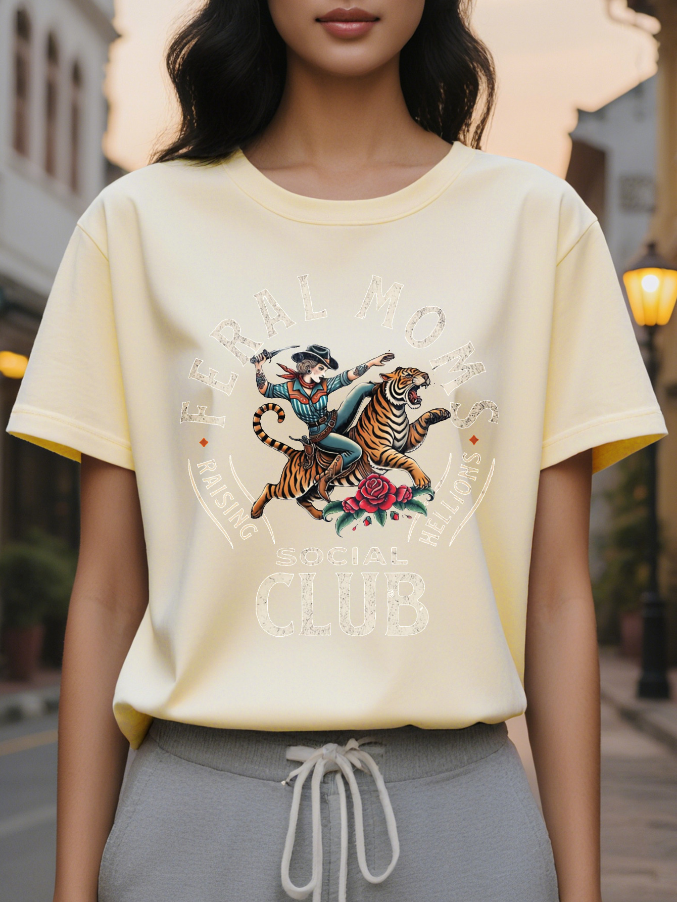 Large XL Women's Casual Short Sleeve T-Shirt FERAL MOMS SOCIAL CLUB Graphic Print Soft Rayon Spandex Cotton Relaxed Fit Plus Size