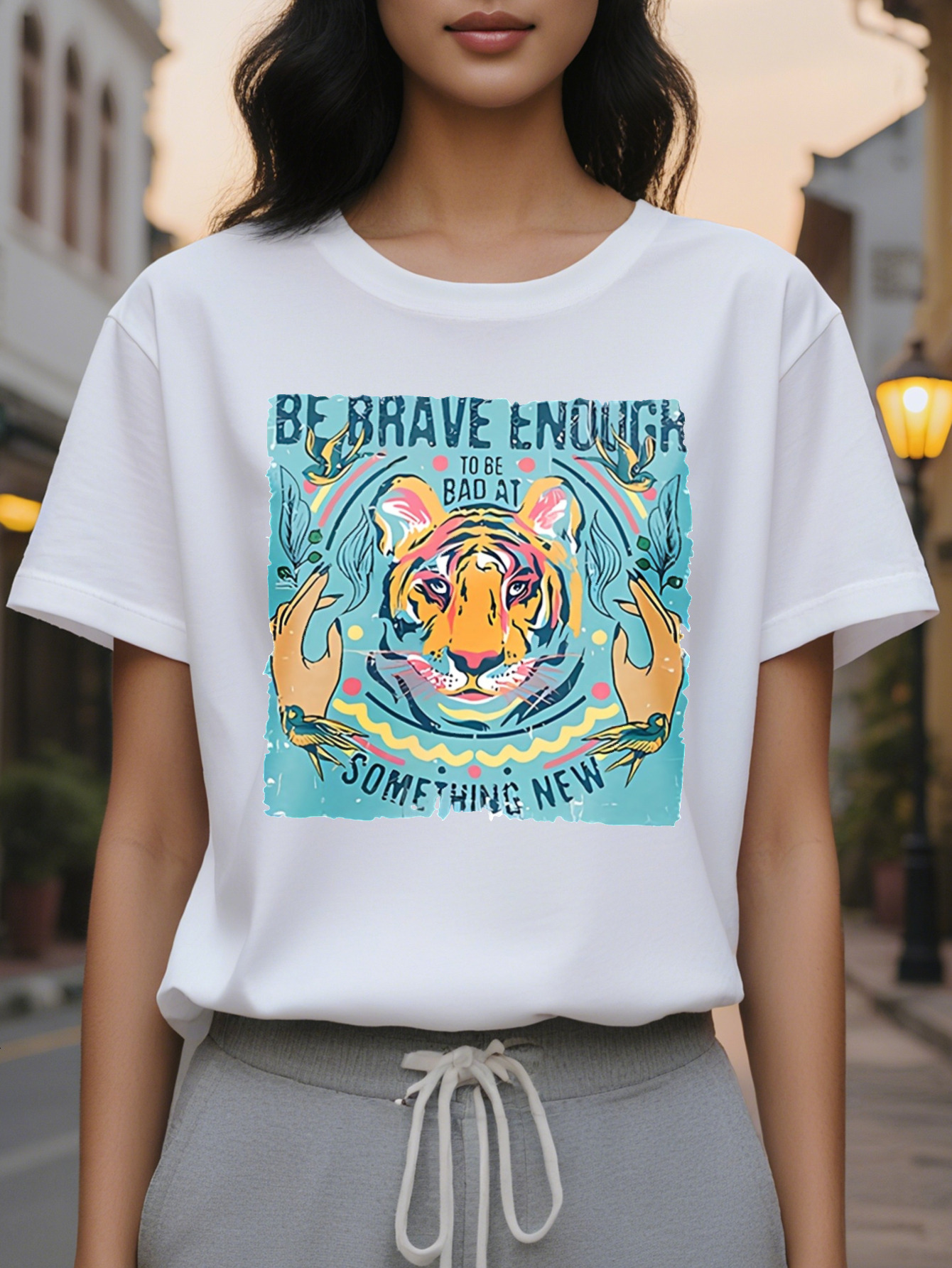 BE BRAVE ENOUGH American Printed Pattern Spring and Summer New Fashion Round Neck T-shirt Slim Fit Slimming Women's