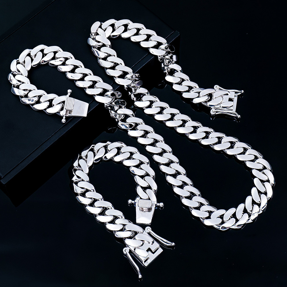 Custom Polished 925 Sterling Silver Arc Style 14mm 18mm 8in Hip Hop Plain Cuban Link Chain Necklaces Bracelets for Youngster