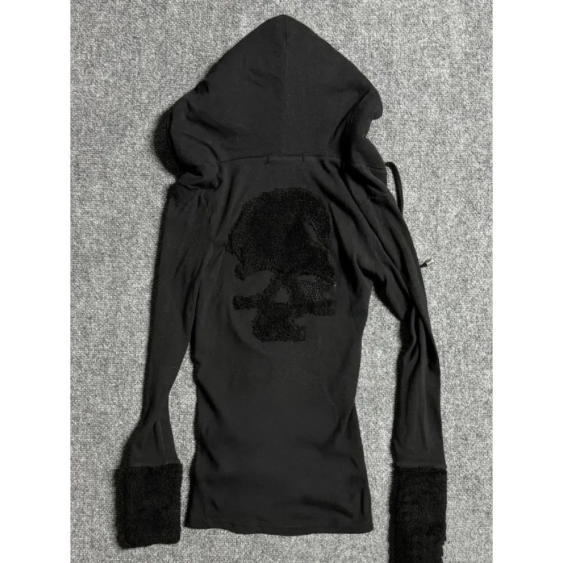 Deeptown Y2k Black Vintage Printed Hoodies Women V Neck Long Sleeve American Fashion Hooded Sweatshirt Streetwear Hip Hop Spring 250904