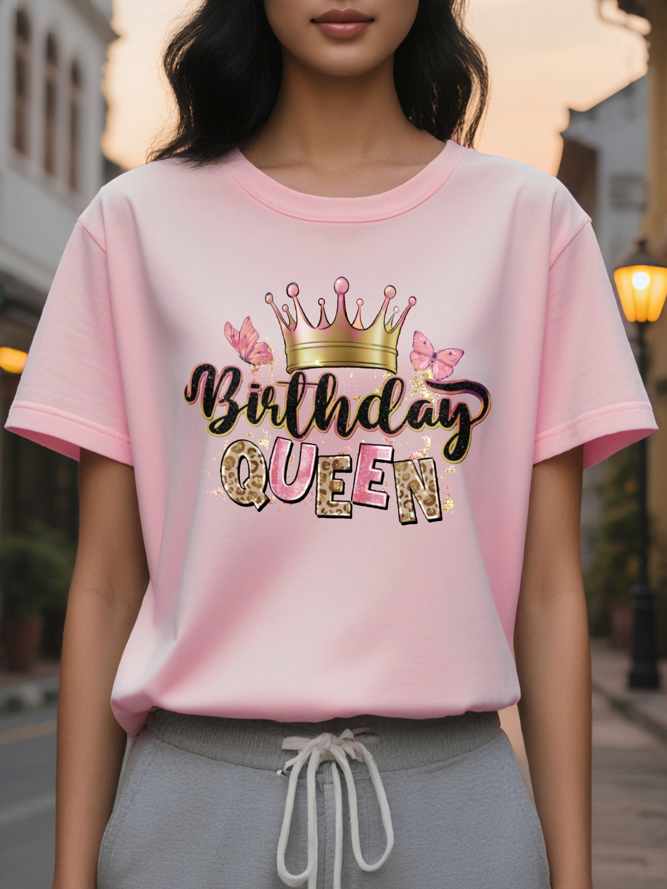 Birthday Queen Printed T-shirt Casual Round Neck Short Sleeve Top Women's Clothing