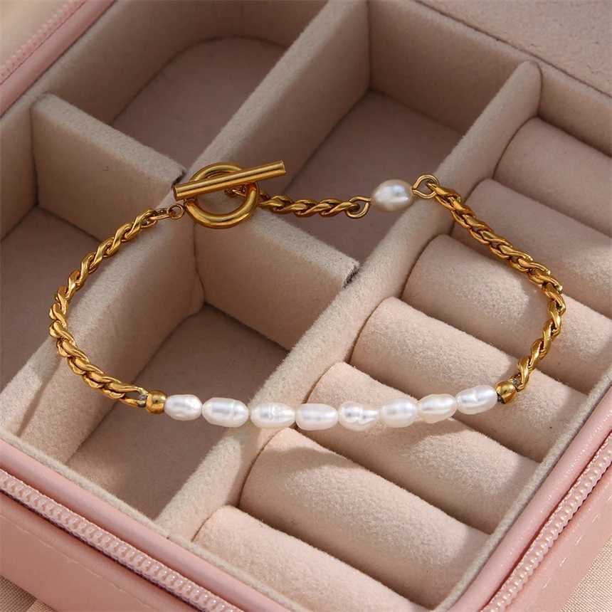316L Stainl Steel Simplicity Vintage Irregular Shed Imitate Pearl OT Buckle Chain Bracelets For Women Fashion Jewelry GiftXJ250904