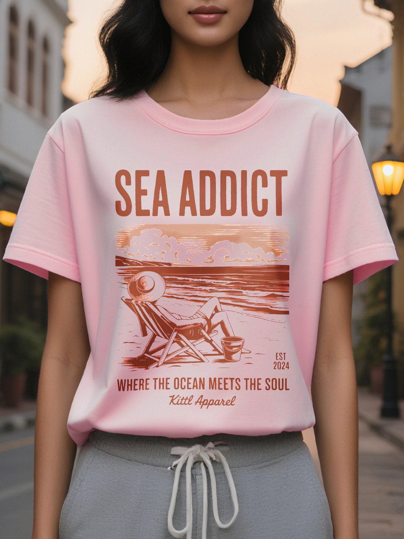 Ladies Elegant Beach T-Shirt White Coastal Pattern Short Sleeve Shirt Sea Addict Ocean Addiction Slogan Summer Vacation