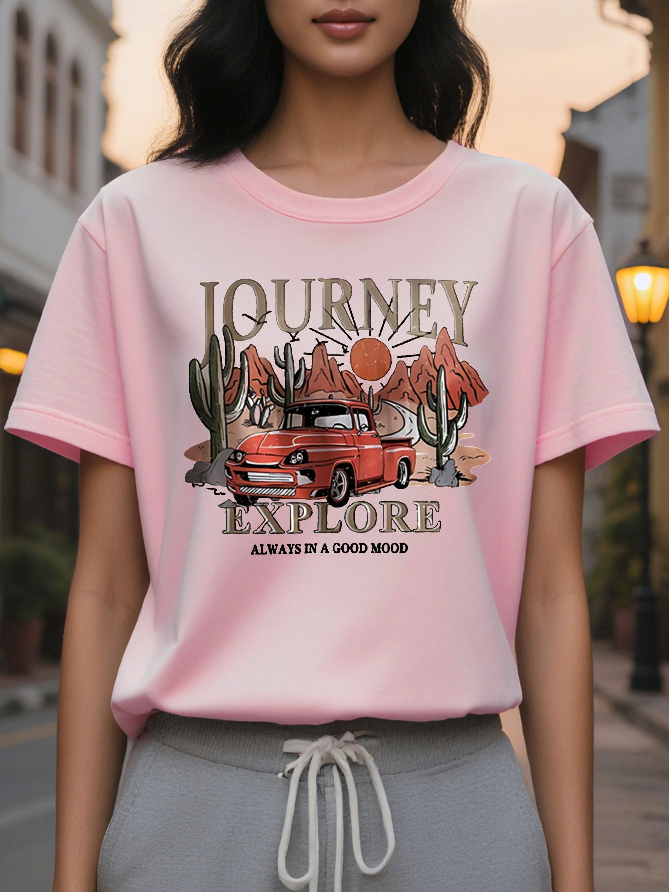 Women's Pink Journey T-Shirt Route Desert Cactus Casual Slim Fit Short Sleeve Round Neck Top for Spring
