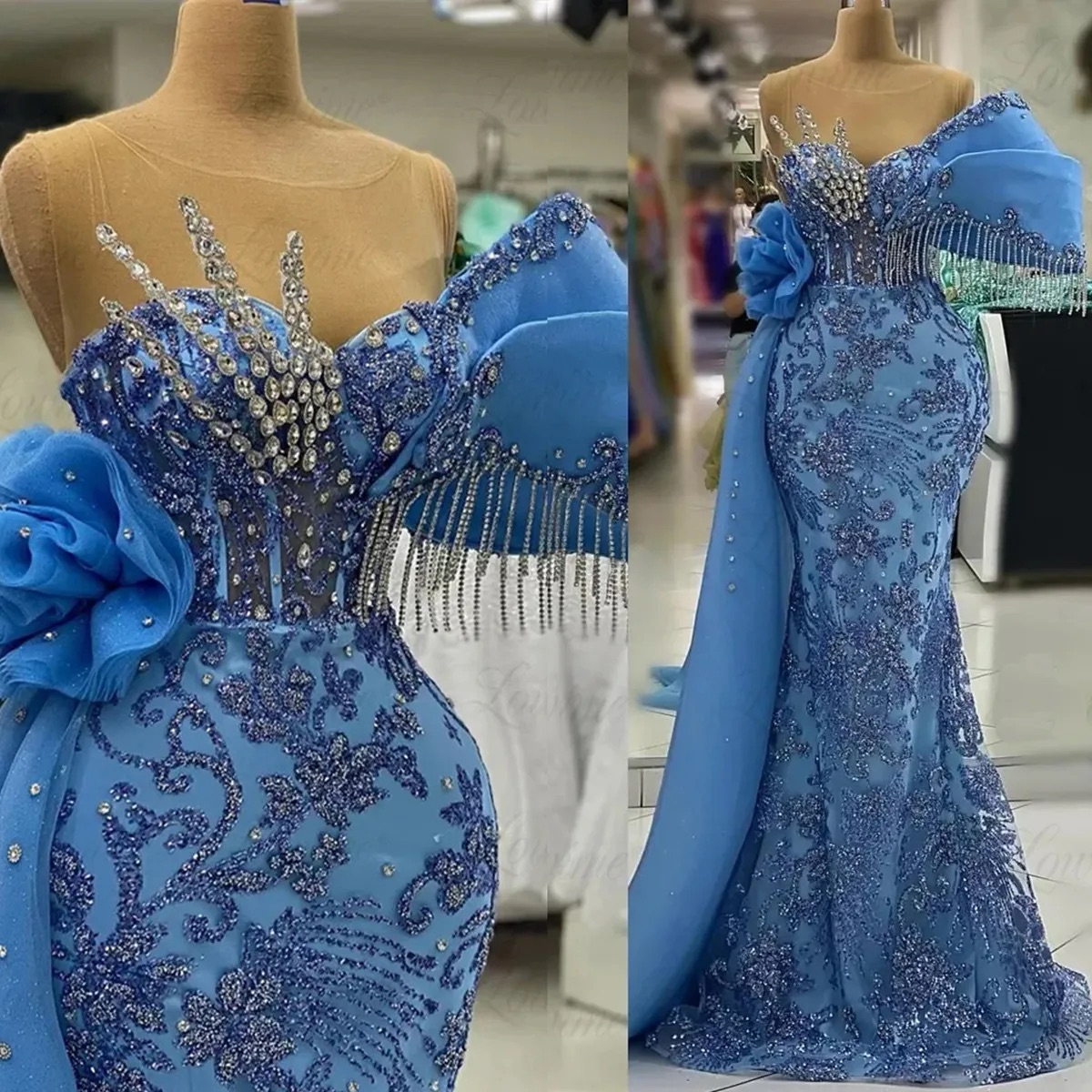 Mermaid Sky Blue Prom Dresses 2025 Crystals Tassels Sequined Evening Formal Party Second Birthday Engagement Gowns Plus Size Dress For Special Occasio