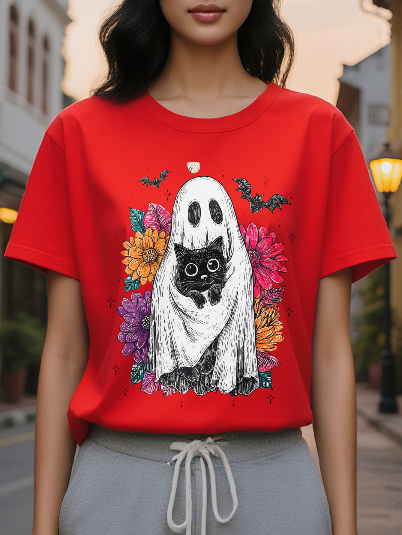 Large XL Women's Halloween Cute Black Cat Print T-Shirt Semi Sheer Round Neck Top with Bats Floral Design Spring Summer Plus Size