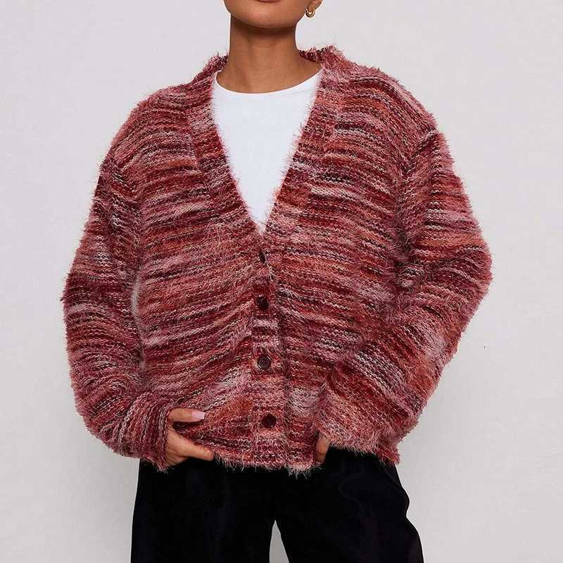 Elegant Knitted Cardigan Sweater Womens Autumn Winter Printed Loose Button Sweaters For Women V Neck Jacket Coat M250904